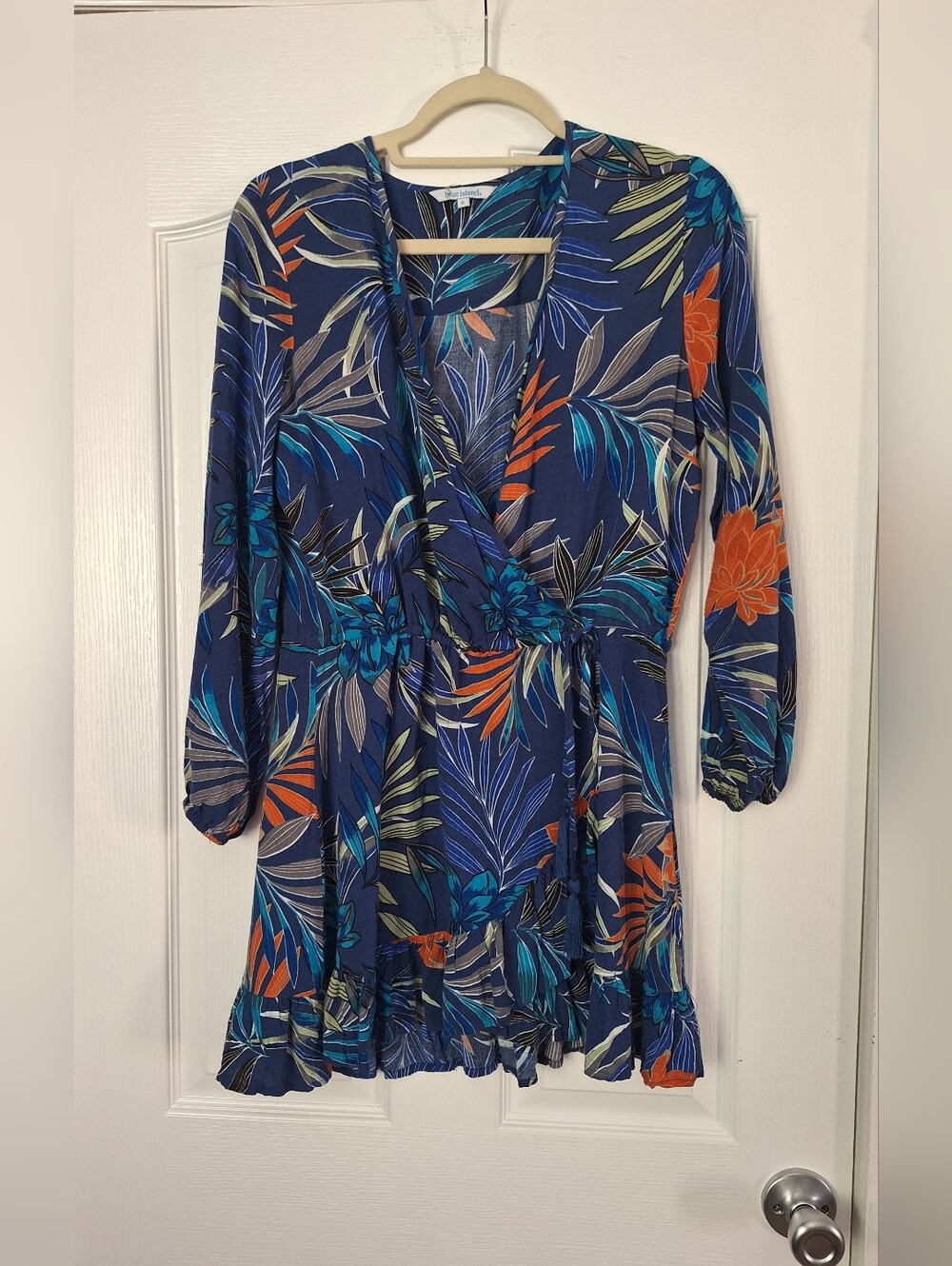 blue island Navy and Teal Printed V-Neck Dress